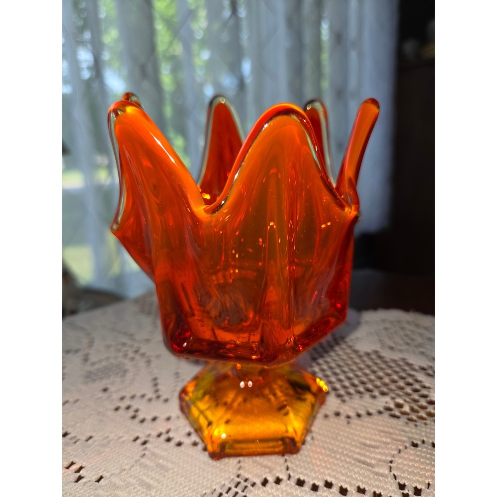 Viking Handkerchief Swung Vase 6 
Fingers Ameberina Orange Vintage